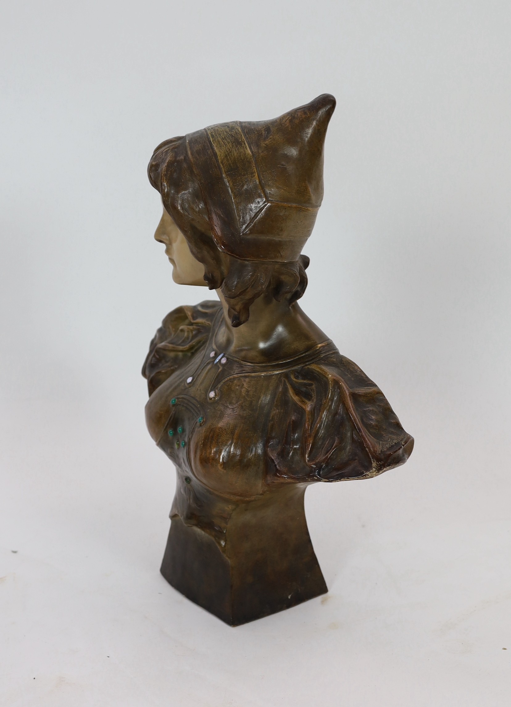 An Art Nouveau Goldscheider cold-painted terracotta bust of Cleo De Merod, signed Montenave, 67cm high